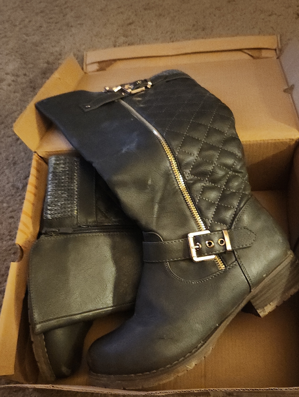 Women's Black Quilted Mid-Calf Buckle Boots